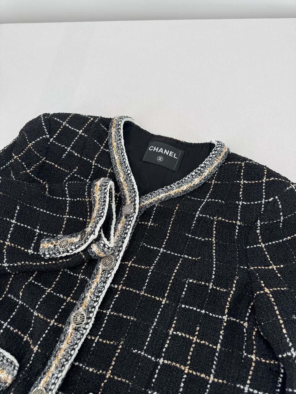 Chanel Metallic Check Tweed Jacket FR 34 Black